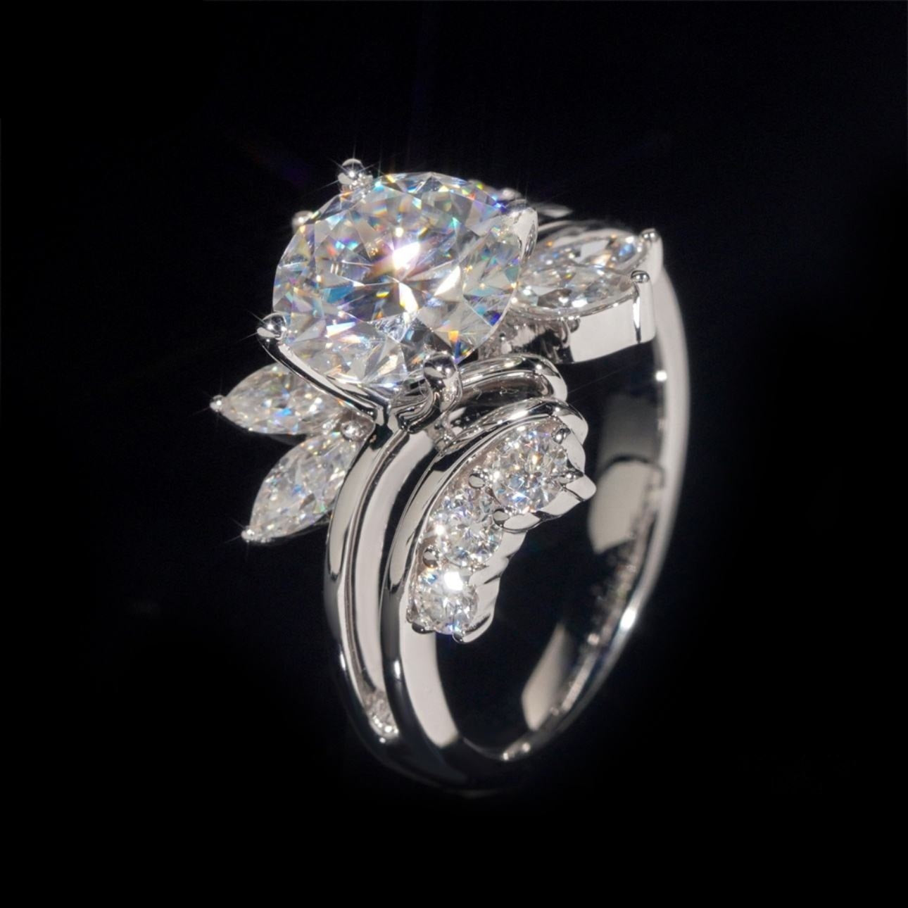 14K GOLD ROUND AND MARQUISE CUT MOISSANITE FLOWER INSPIRED ENGAGEMENT RING VTRG1007