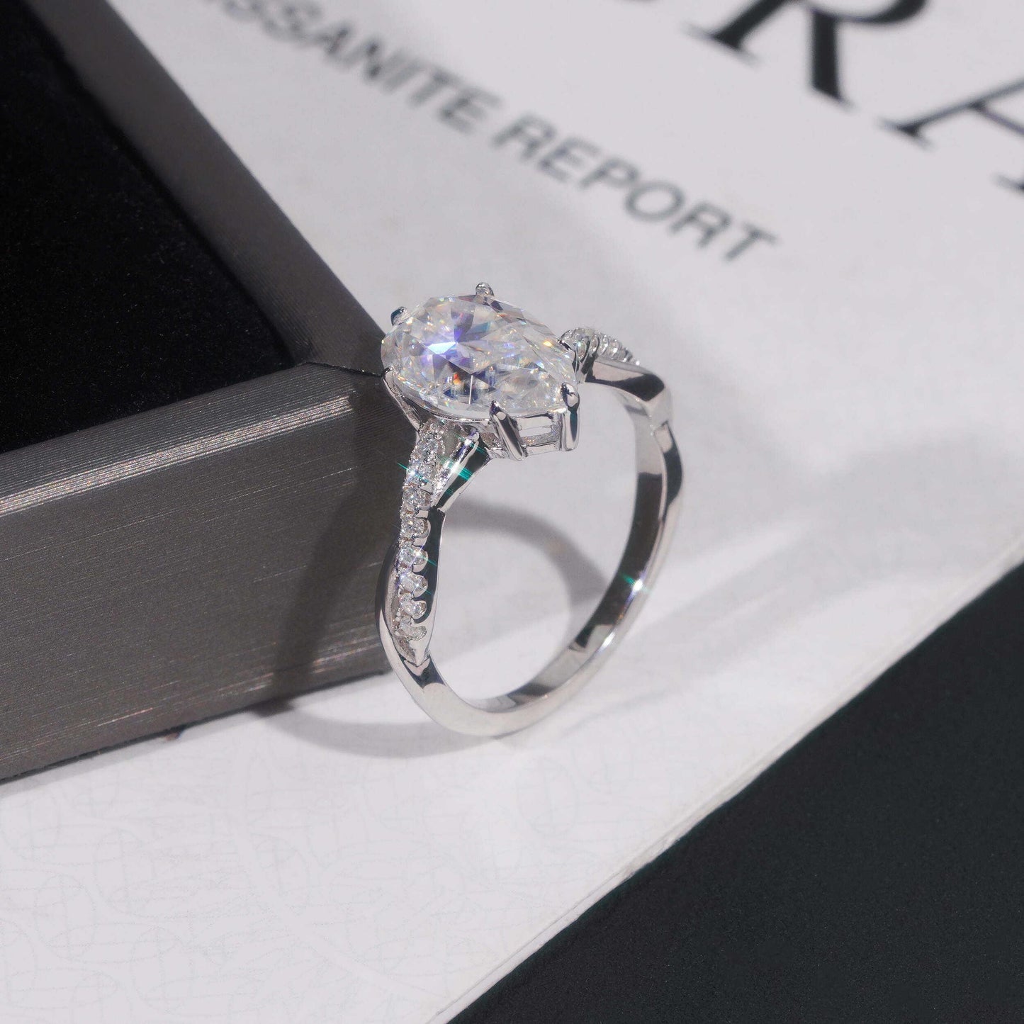 .925 SILVER 3CT PEAR CUT MOISSANITE ENGAGEMENT RING WITH PAVE BAND VTRG1018