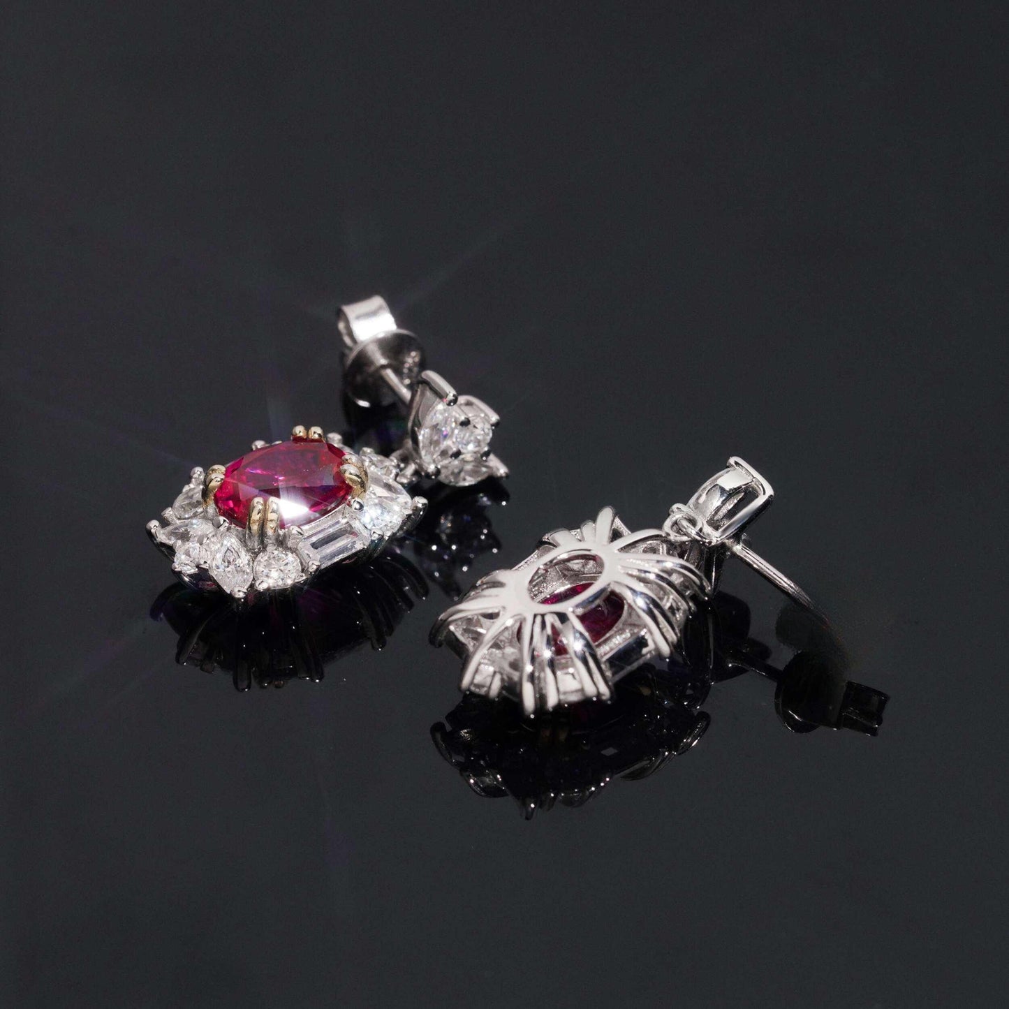 .925 SILVER MULTI CUT VIVID RED RADIANT HALO MOISSANITE DROP EARRING VTER3006