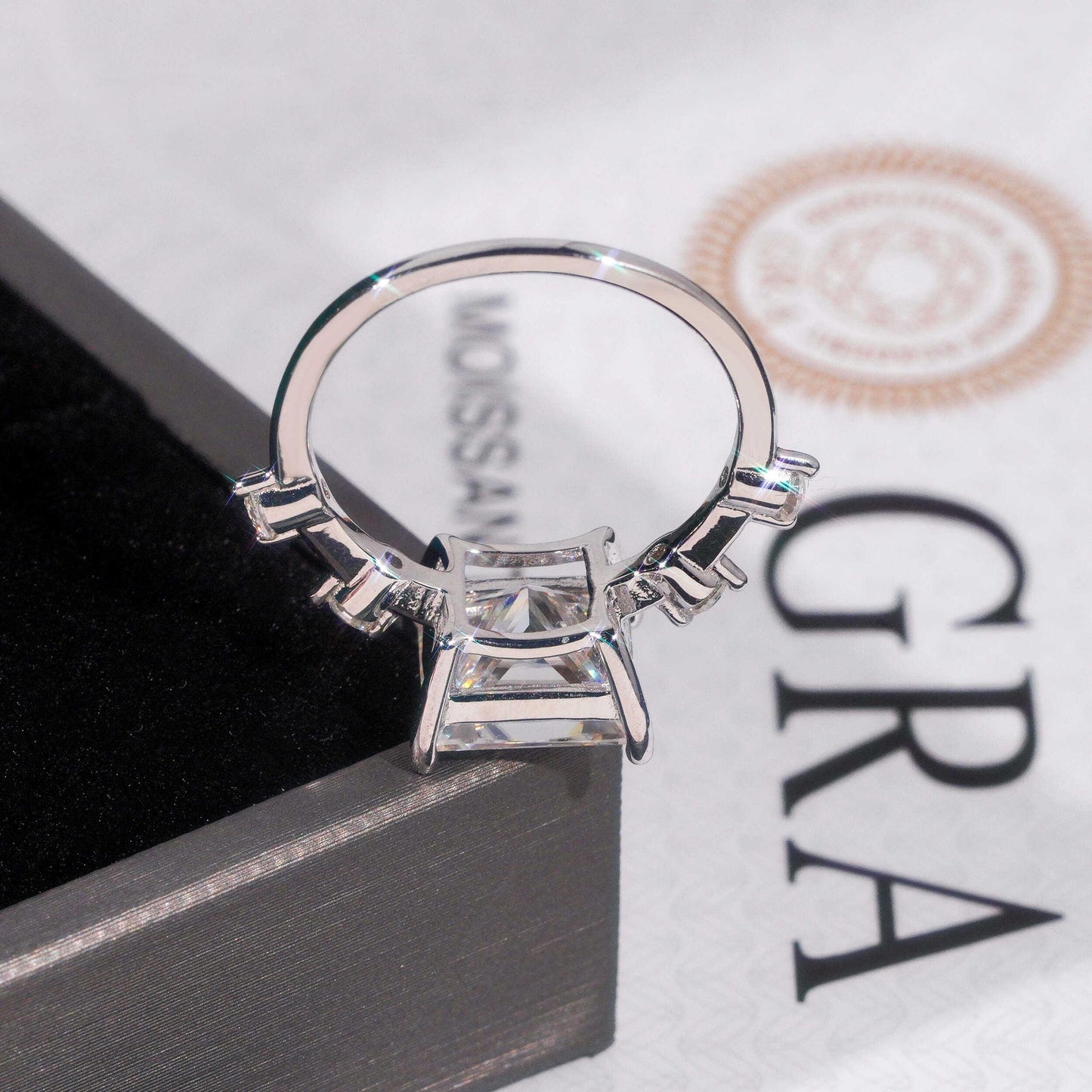 .925 SILVER PRINCESS CUT MOISSANITE ENGAGEMENT RING WITH ROUND SIDE STONES VTRG1010