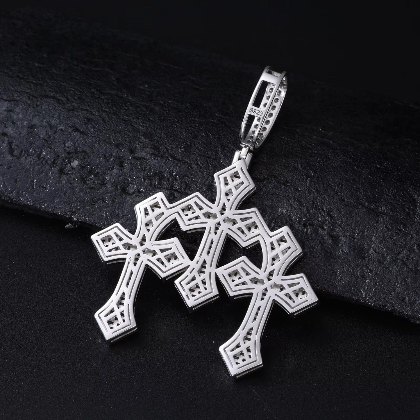 .925 SILVER 'CALVARY' TRIPLE CROSS PENDANT 69MM