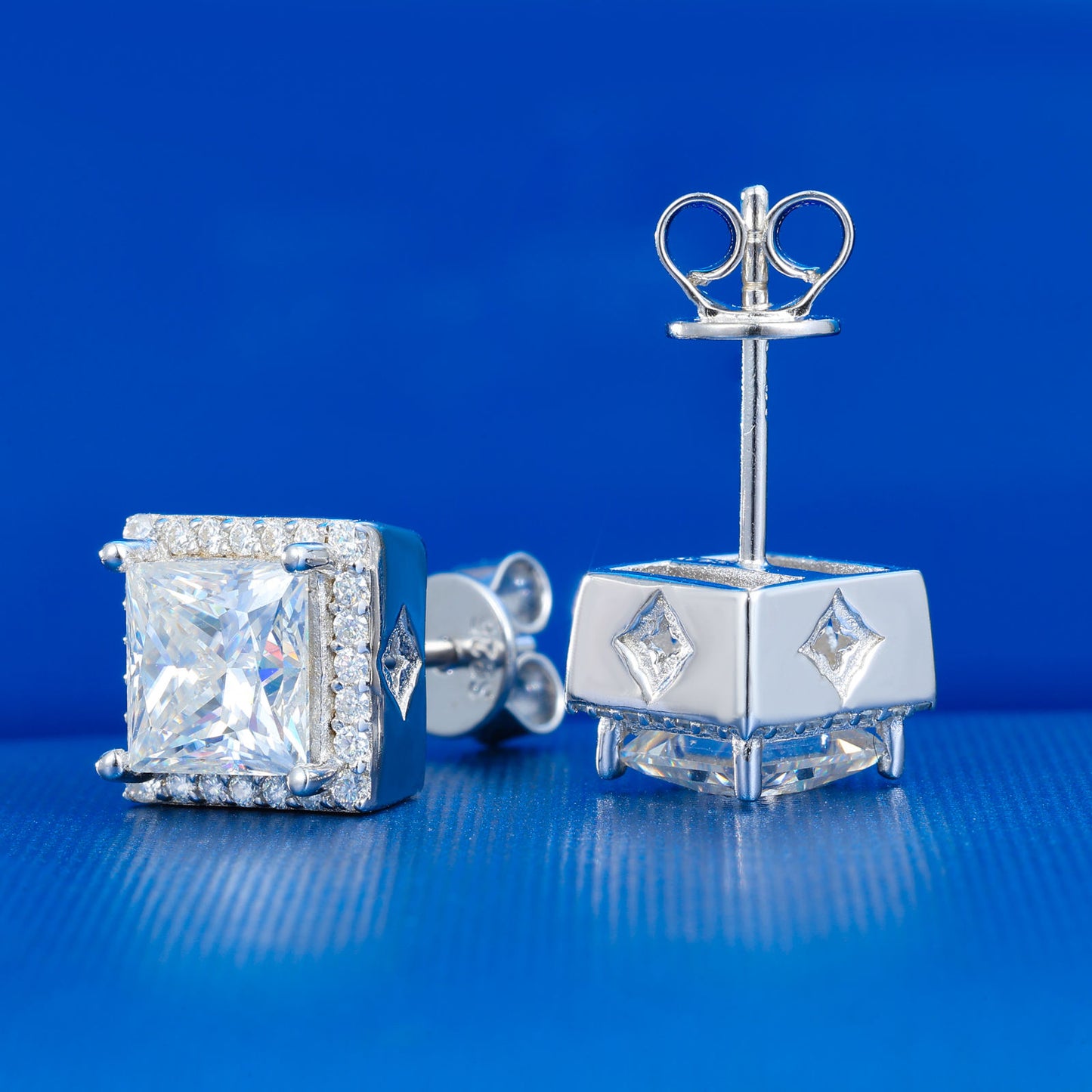 .925 SILVER 'CUBIC' SQUARE HALO STUDS 4.5MM-6MM