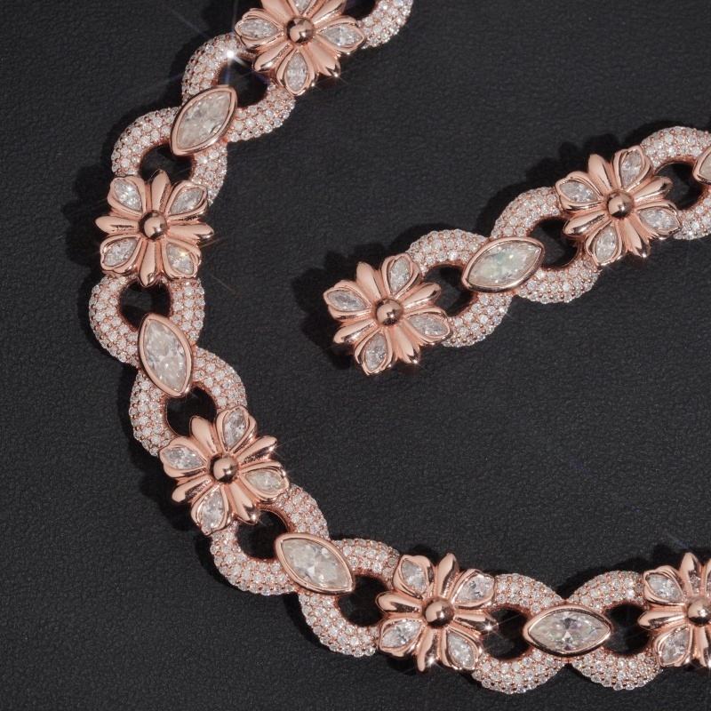 .925 SILVER FLORAL LINK MOISSANITE CHAIN PAVÉ & MARQUISE SETTINGS 15MM VTNL0015