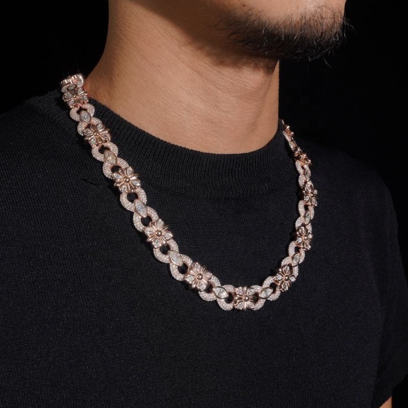 .925 SILVER FLORAL LINK MOISSANITE CHAIN PAVÉ & MARQUISE SETTINGS 15MM VTNL0015