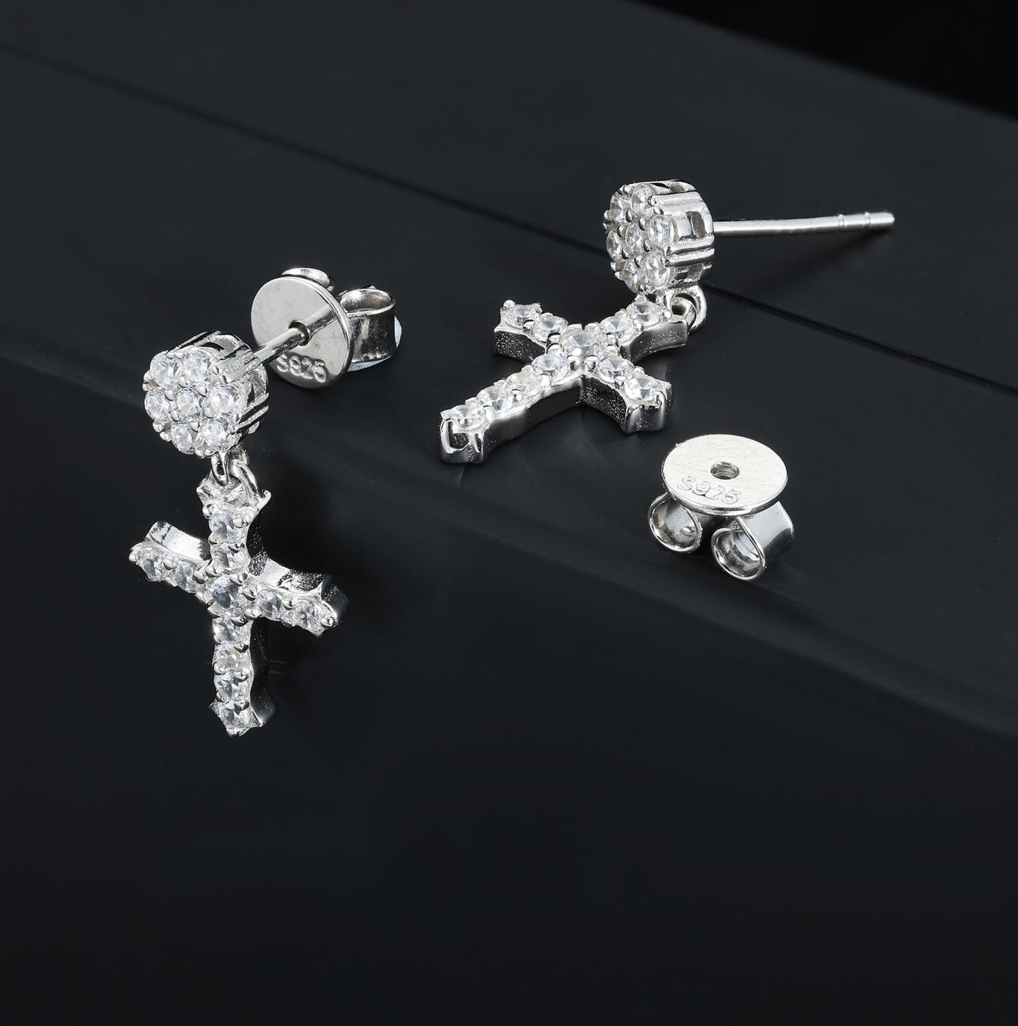 .925 SILVER 'CRUCIFIX' DROP STUDS 19MM
