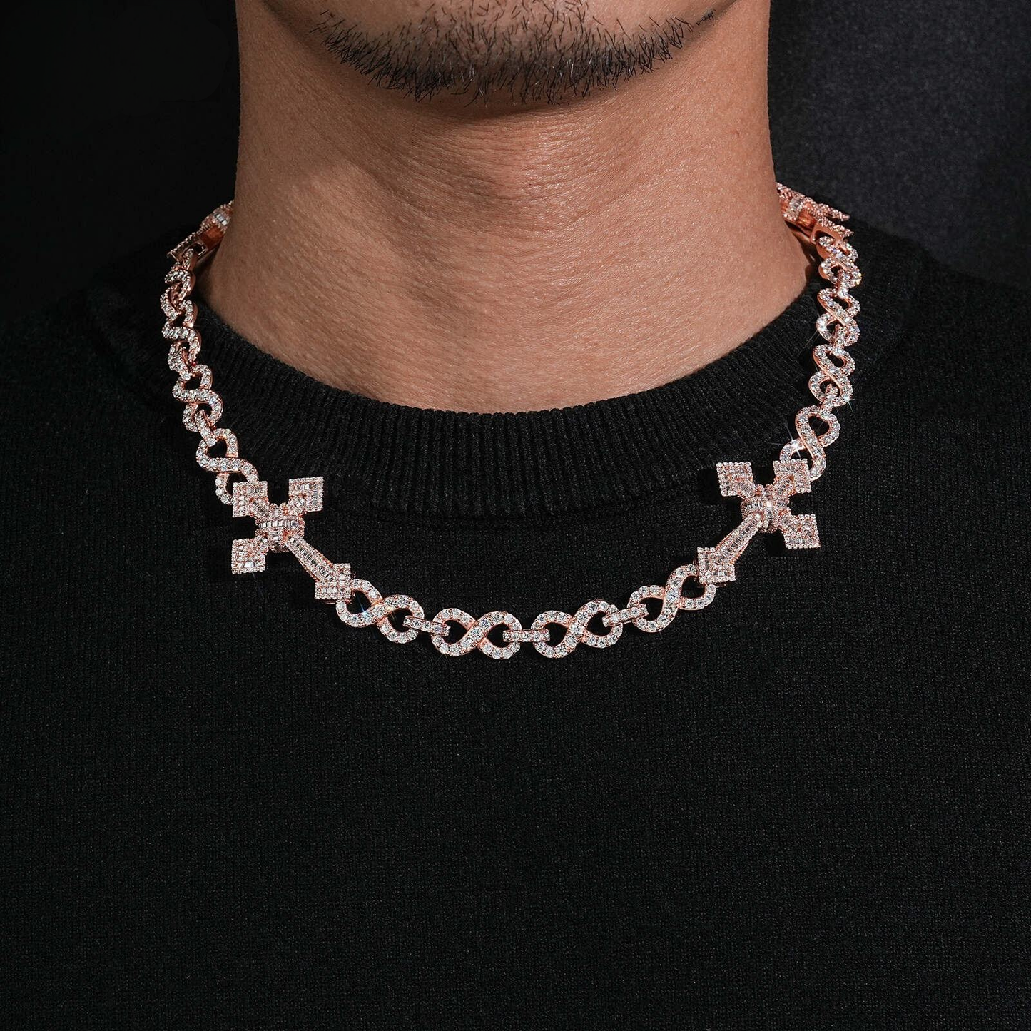 .925 SILVER CROSS CUBAN INFINITY LINK MOISSANITE CHAIN PAVÉ SETTINGS VTNL0014
