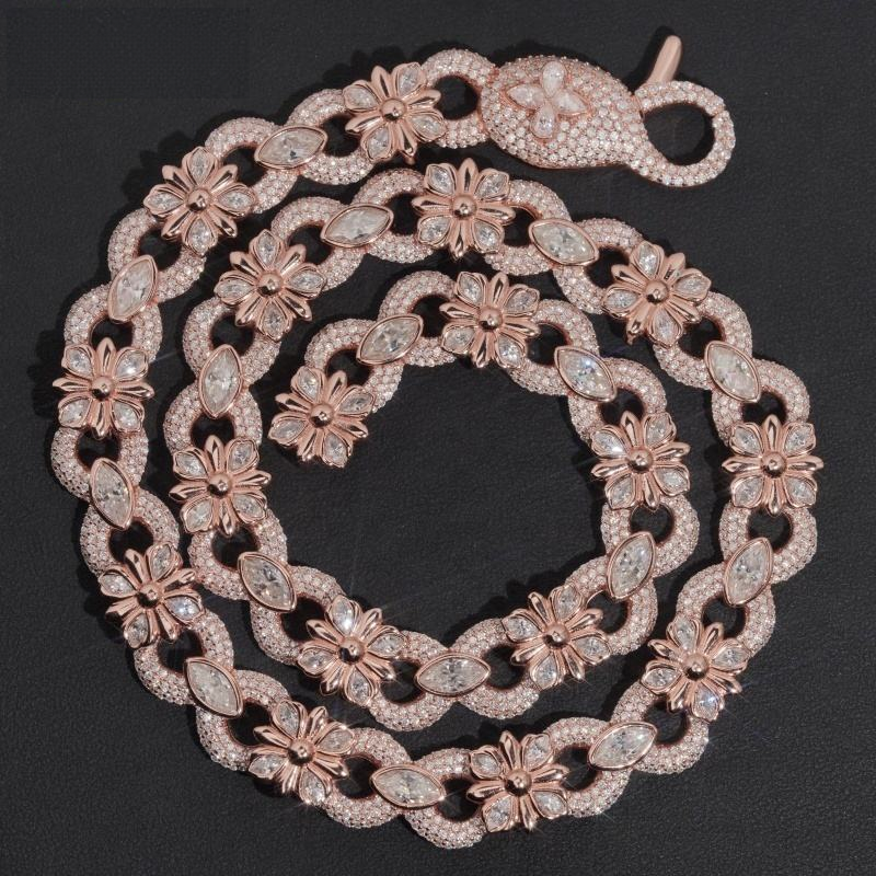 .925 SILVER FLORAL LINK MOISSANITE CHAIN PAVÉ & MARQUISE SETTINGS 15MM VTNL0015