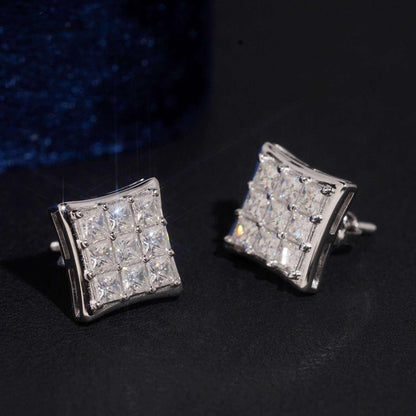 .925 SILVER SQUARE STUD EARRINGS PRINCESS CUT MOISSANITE PAVÉ SETTINGS 10MM VTER1022