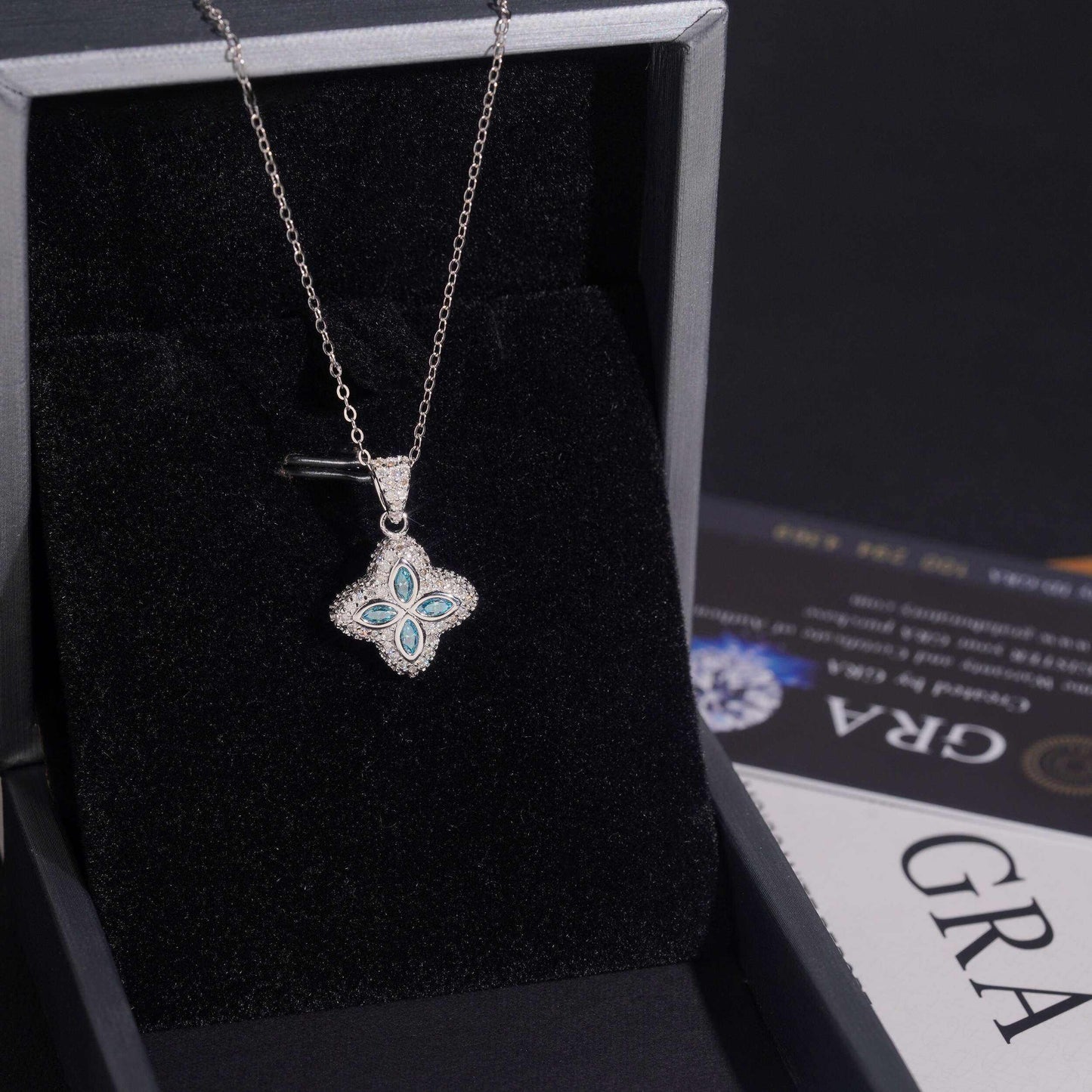 .925 SILVER CLOVER-SHAPED MARQUISE CUT BLUE MOISSANITE PENDANT VTNL3003