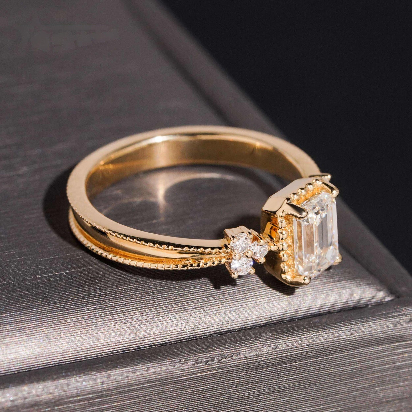14K GOLD EMERALD CUT WITH ROUND SIDE STONES LAB GROWN DIAMOND ENGAGEMENT RING VTRG1029