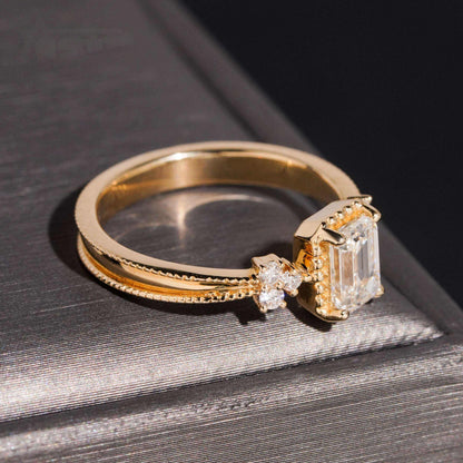 14K GOLD EMERALD CUT WITH ROUND SIDE STONES LAB GROWN DIAMOND ENGAGEMENT RING VTRG1029