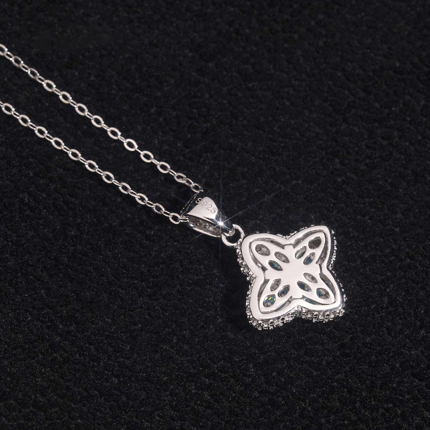 .925 SILVER CLOVER-SHAPED MARQUISE CUT BLUE MOISSANITE PENDANT VTNL3003