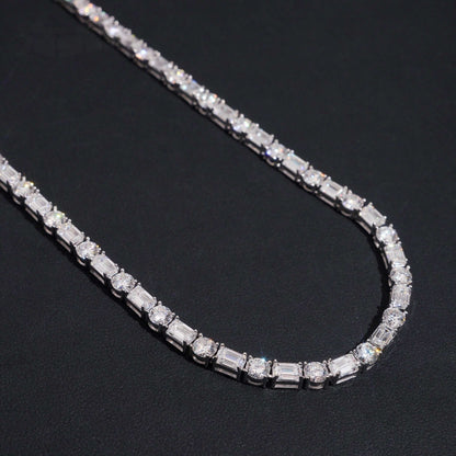 .925 SILVER MIXED ROUND-EMERALD CUT MOISSANITE TENNIS CHAIN VTNL1006