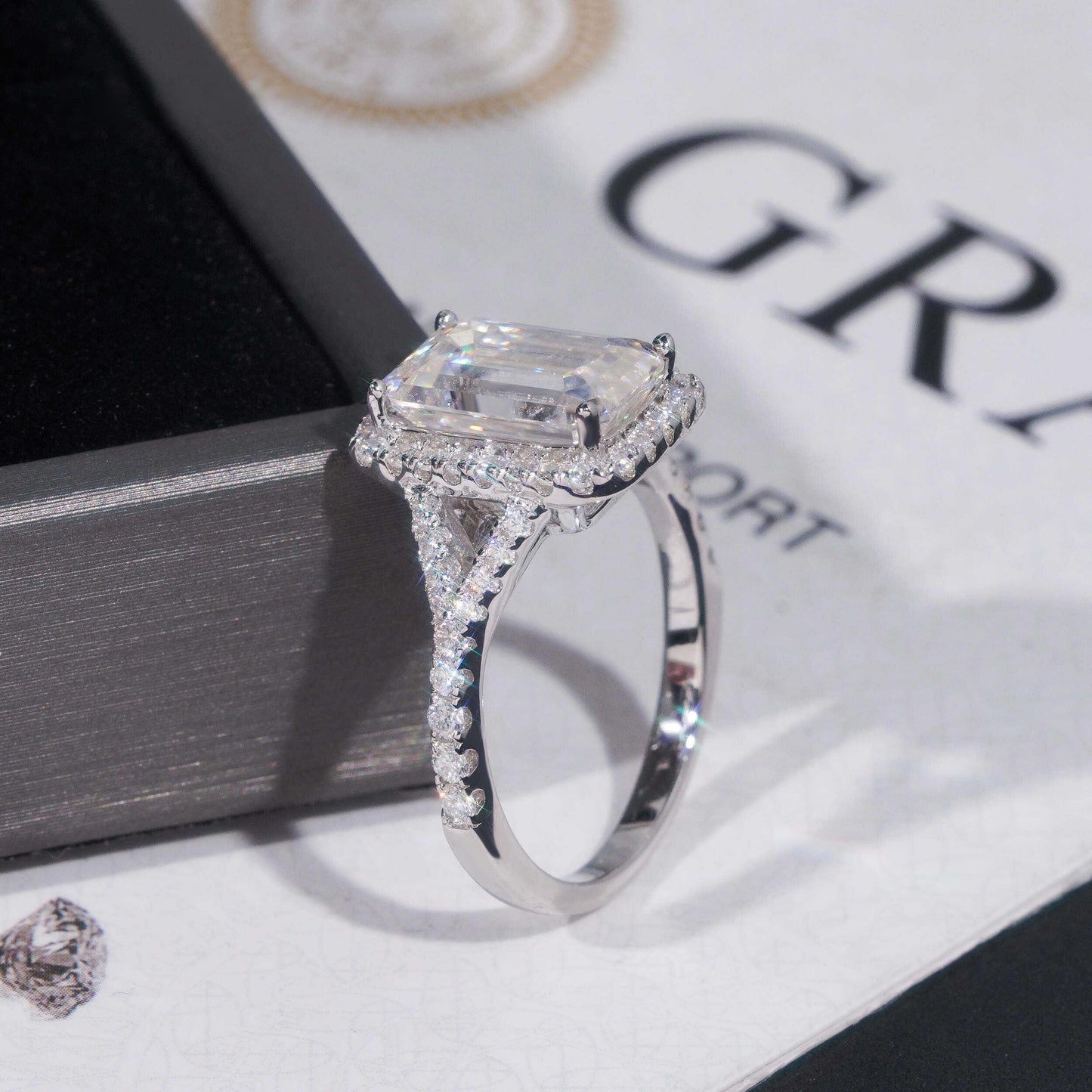.925 SILVER HALO EMERALD CUT MOISSANITE ENGAGEMENT RING VTRG1013