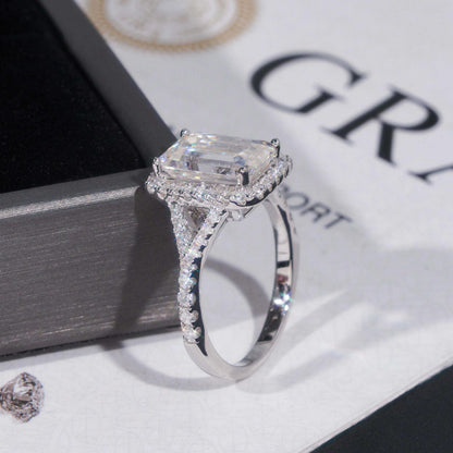 .925 SILVER HALO EMERALD CUT MOISSANITE ENGAGEMENT RING VTRG1013