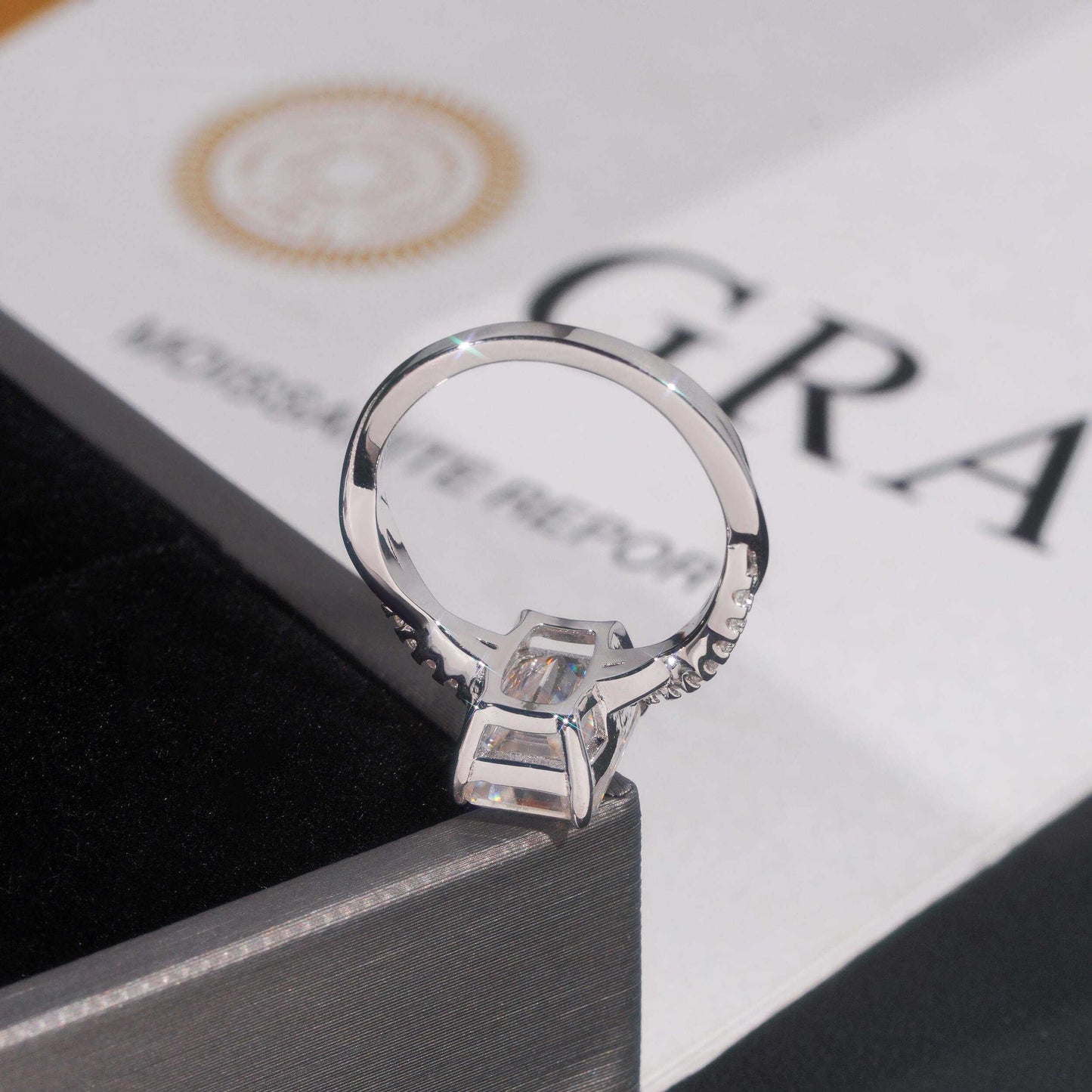 .925 SILVER EMERALD CUT MOISSANITE ENGAGEMENT RING WITH PAVE BAND VTRG1017