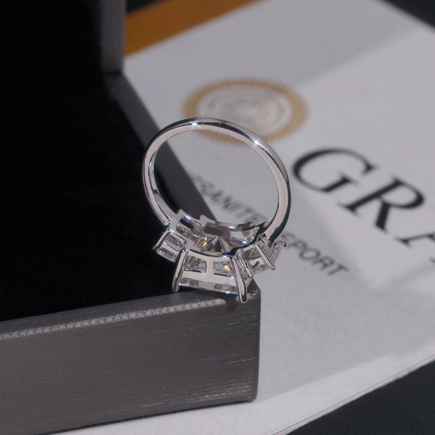 .925 SILVER PRINCESS CUT MOISSANITE ENGAGEMENT RING WITH SIDE EMERALD STONES VTRG1021