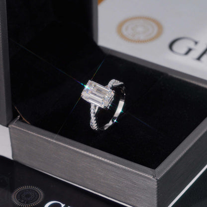 .925 SILVER EMERALD CUT MOISSANITE ENGAGEMENT RING WITH PAVE BAND VTRG1017