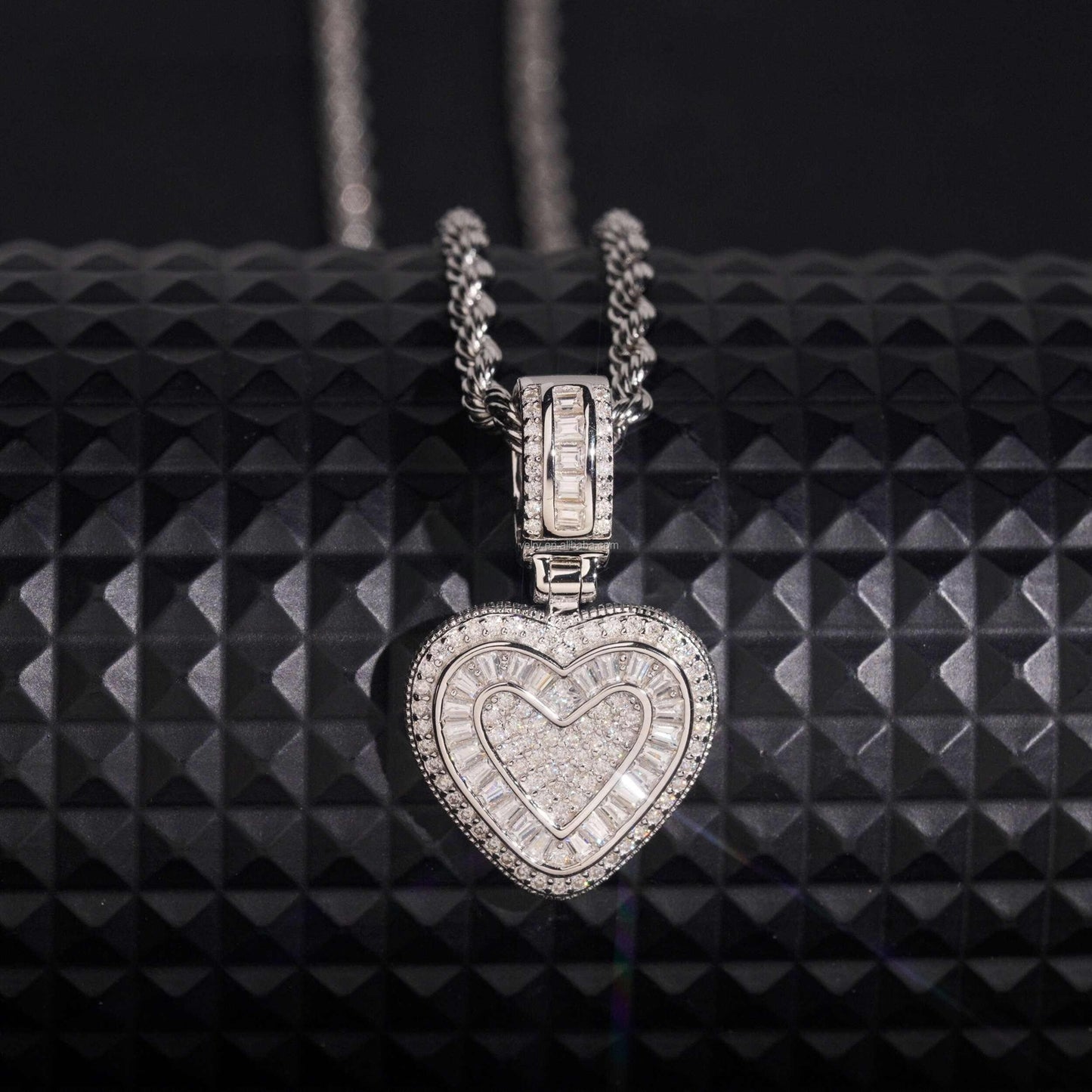 .925 SILVER ICED BAGUETTE MOISSANITE HEART PENDANT VTNL3005