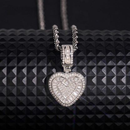 .925 SILVER ICED BAGUETTE MOISSANITE HEART PENDANT VTNL3005