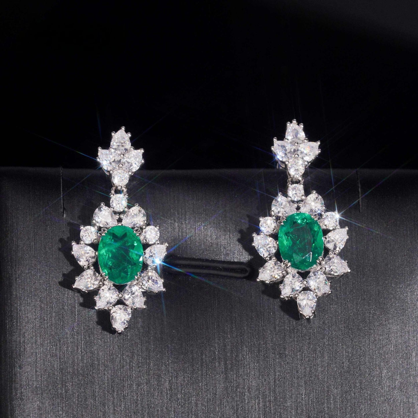 .925 SILVER MULTI CUT RADIANT HALO EMERALD COLOR MOISSANITE  DROP EARRING VTER3004