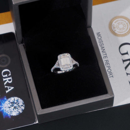 .925 SILVER HALO EMERALD CUT MOISSANITE ENGAGEMENT RING VTRG1013