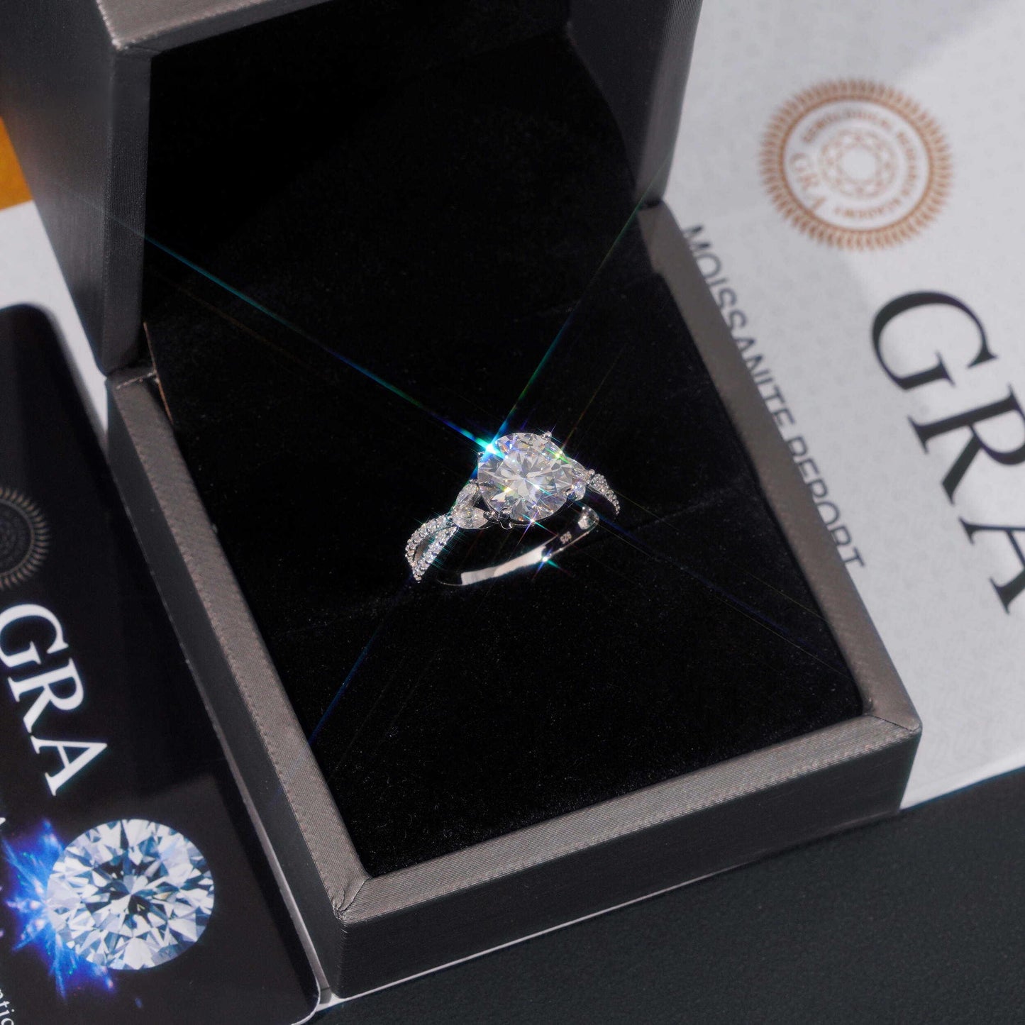 .925 SILVER ROUND BRILLIANT CUT MOISSANITE ENGAGEMENT RING WITH MARQUISE SIDE STONES VTRG1011