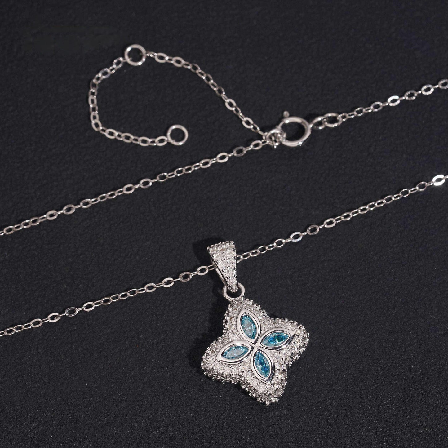 .925 SILVER CLOVER-SHAPED MARQUISE CUT BLUE MOISSANITE PENDANT VTNL3003
