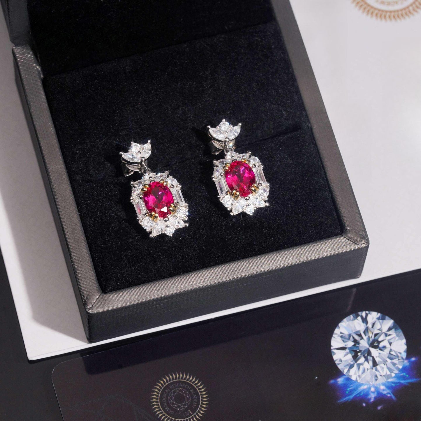 .925 SILVER MULTI CUT VIVID RED RADIANT HALO MOISSANITE  DROP EARRING VTER3006