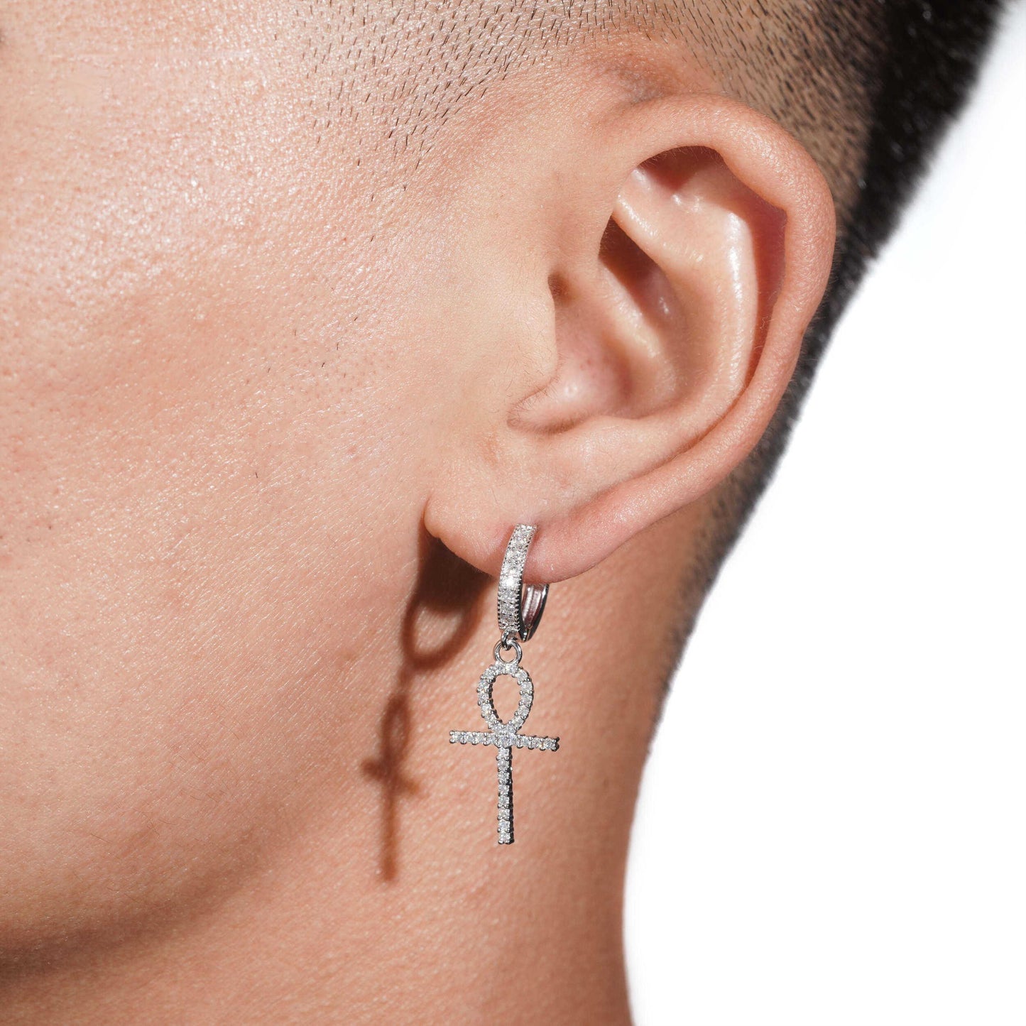 .925 SILVER ANKH CHARMS MOISSANITE HOOP EARRING VTER1006