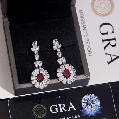.925 SILVER MULTI CUT RADIANT FLORAL HALO RUBY COLOR MOISSANITE  DROP EARRING VTER3003