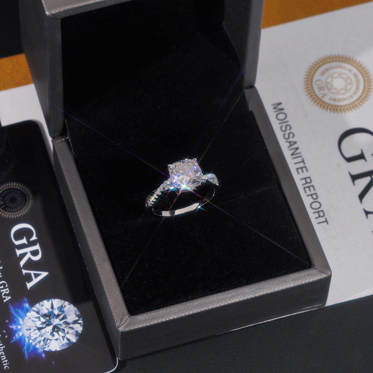 .925 SILVER 3CT CUSHION CUT MOISSANITE ENGAGEMENT RING WITH PAVE BAND VTRG1019
