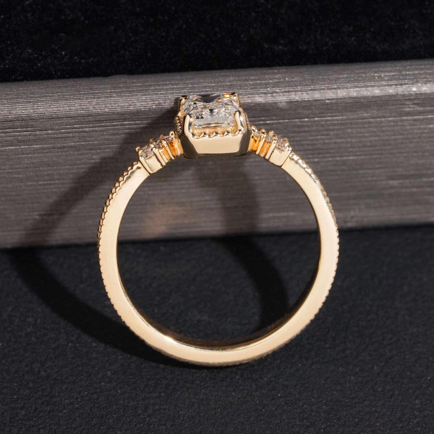 14K GOLD EMERALD CUT WITH ROUND SIDE STONES LAB GROWN DIAMOND ENGAGEMENT RING VTRG1029