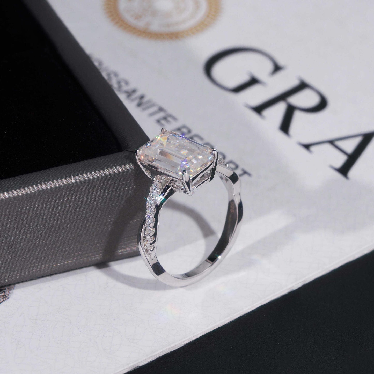 .925 SILVER EMERALD CUT MOISSANITE ENGAGEMENT RING WITH PAVE BAND VTRG1017
