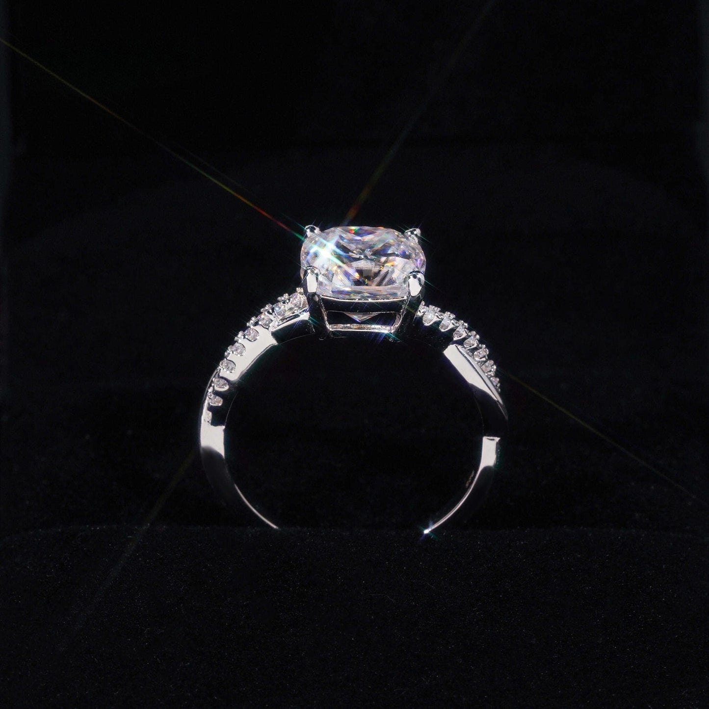 .925 SILVER 3CT CUSHION CUT MOISSANITE ENGAGEMENT RING WITH PAVE BAND VTRG1019