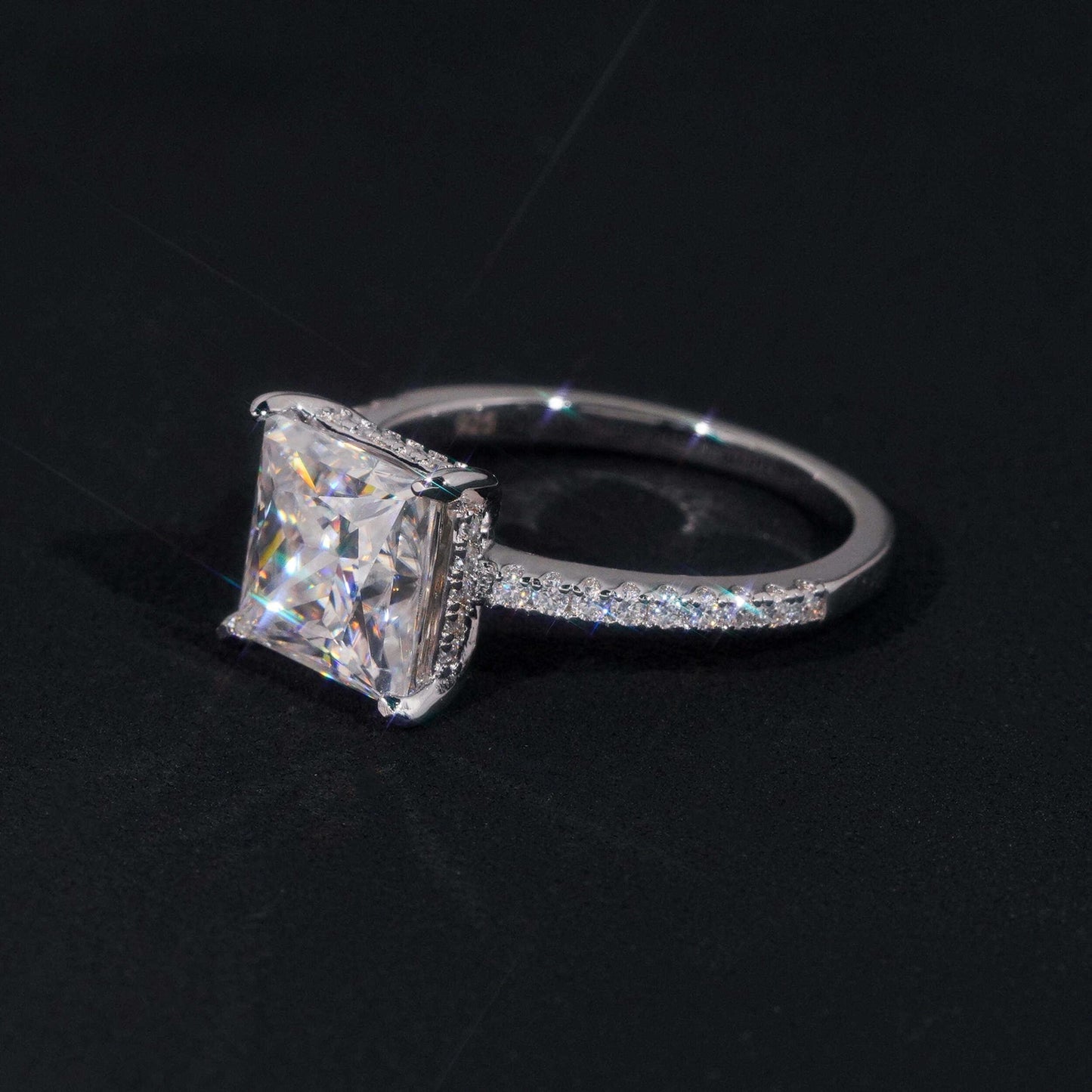 .925 SILVER PRINCESS CUT MOISSANITE ENGAGEMENT RING WITH PAVE BAND VTRG1015