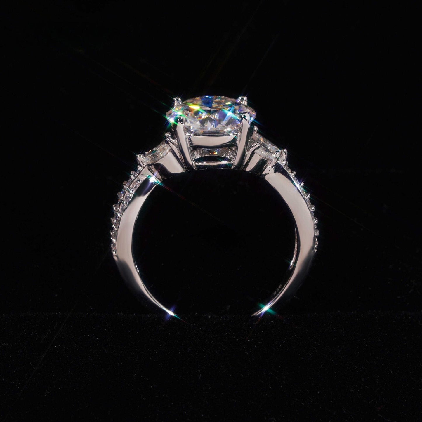 .925 SILVER ROUND BRILLIANT CUT MOISSANITE ENGAGEMENT RING WITH MARQUISE SIDE STONES VTRG1011