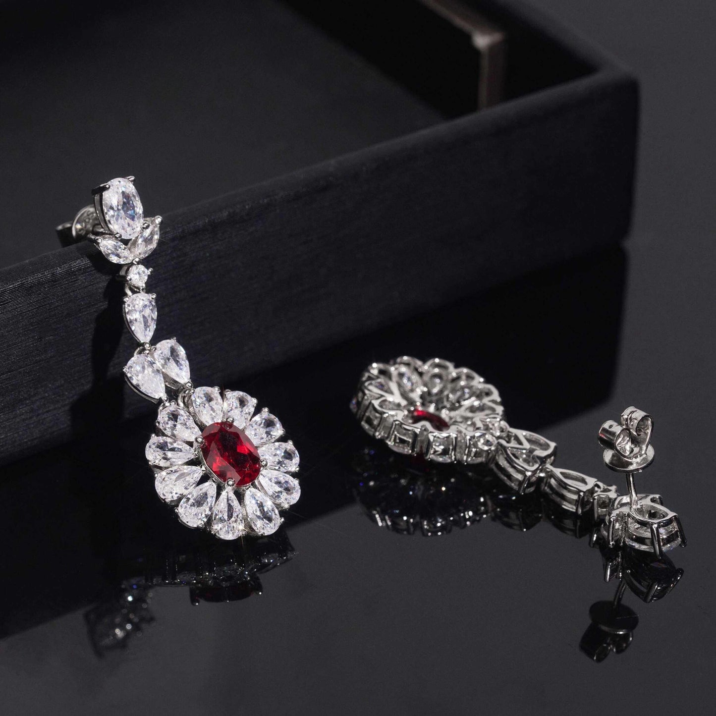 .925 SILVER MULTI CUT RADIANT FLORAL HALO RUBY COLOR MOISSANITE  DROP EARRING VTER3003