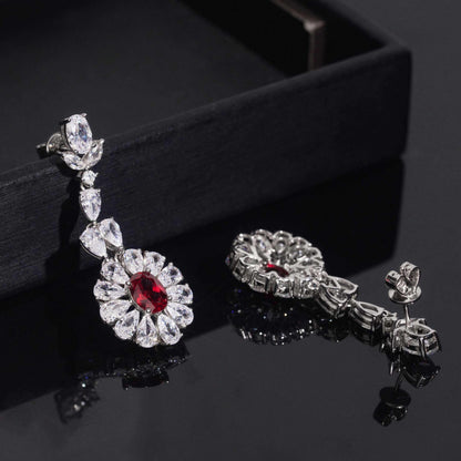 .925 SILVER MULTI CUT RADIANT FLORAL HALO RUBY COLOR MOISSANITE  DROP EARRING VTER3003