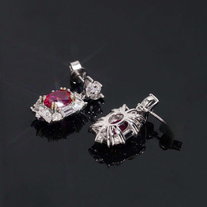.925 SILVER MULTI CUT VIVID RED RADIANT HALO MOISSANITE  DROP EARRING VTER3006