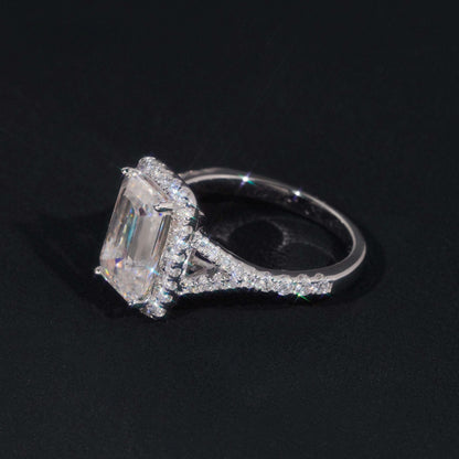 .925 SILVER HALO EMERALD CUT MOISSANITE ENGAGEMENT RING VTRG1013