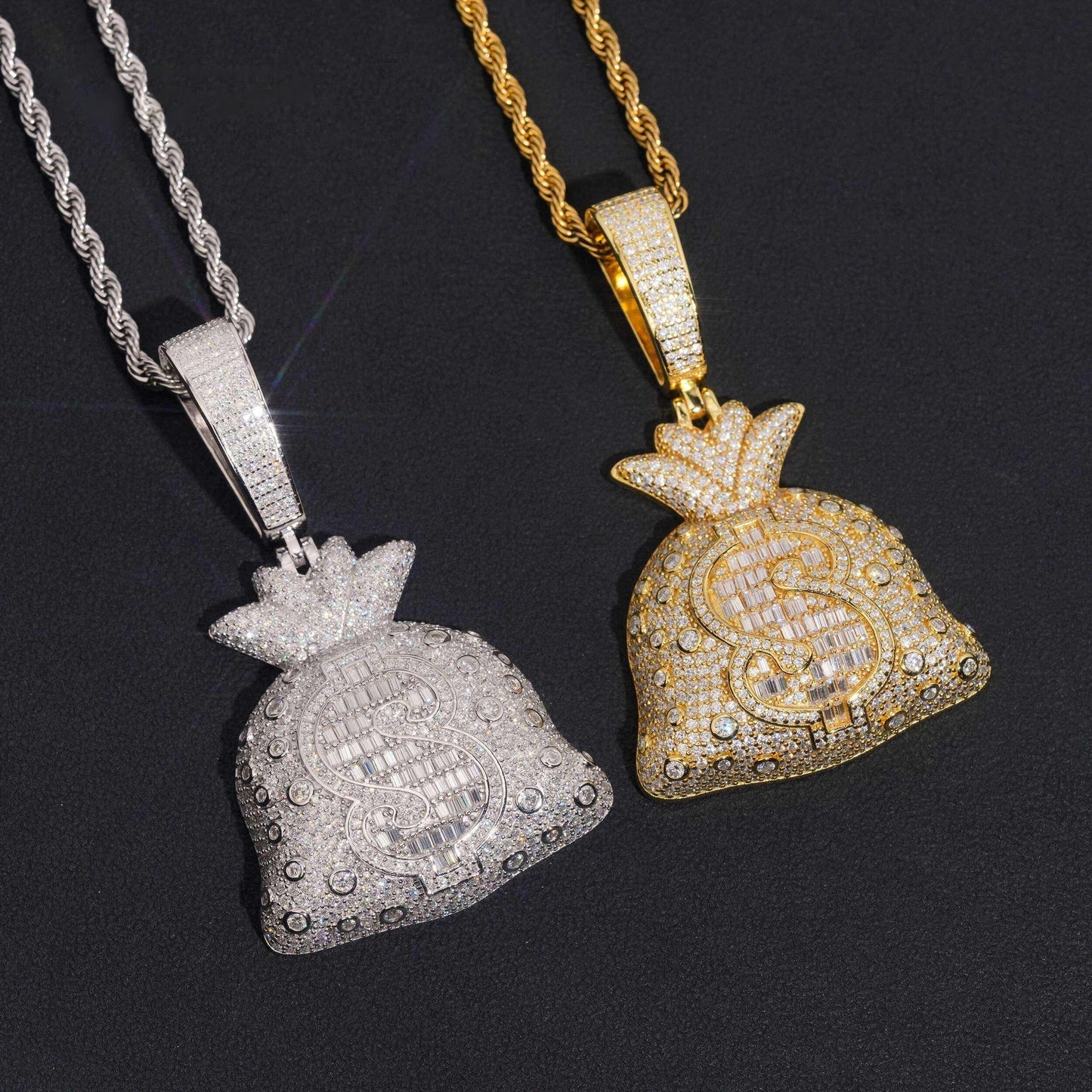 .925 SILVER MONEY BAG ROUND AND BAGUETTE CUT MOISSANITE PENDANT VTPT0008