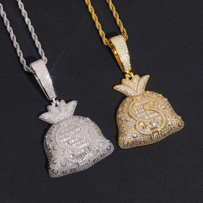 .925 SILVER MONEY BAG ROUND AND BAGUETTE CUT MOISSANITE PENDANT VTPT0008