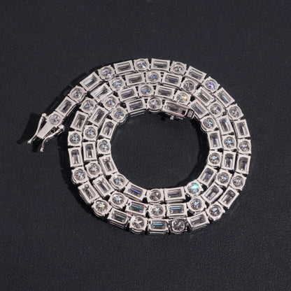 .925 SILVER MIXED ROUND-EMERALD CUT MOISSANITE TENNIS CHAIN VTNL1006