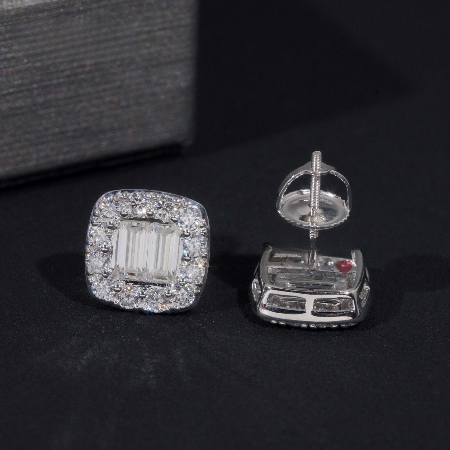 10K GOLD BAGUETTE CUT HALO MOISSANITE STUD EARRING VTER1014