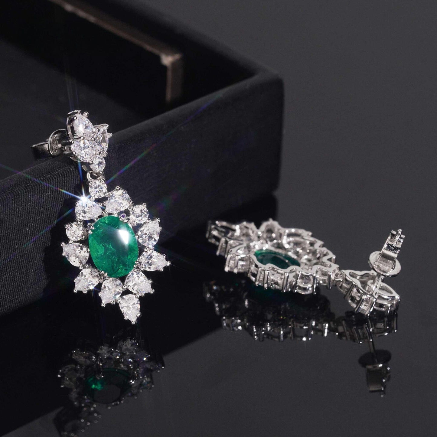 .925 SILVER MULTI CUT RADIANT HALO EMERALD COLOR MOISSANITE  DROP EARRING VTER3004
