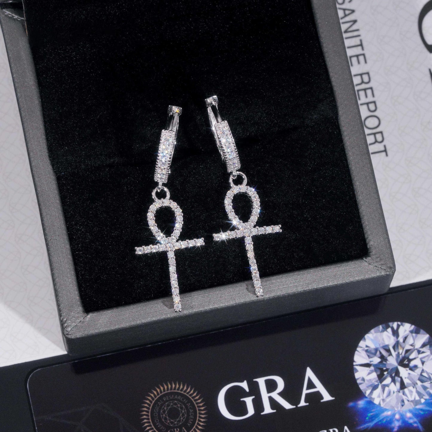 .925 SILVER ANKH CHARMS MOISSANITE HOOP EARRING VTER1006