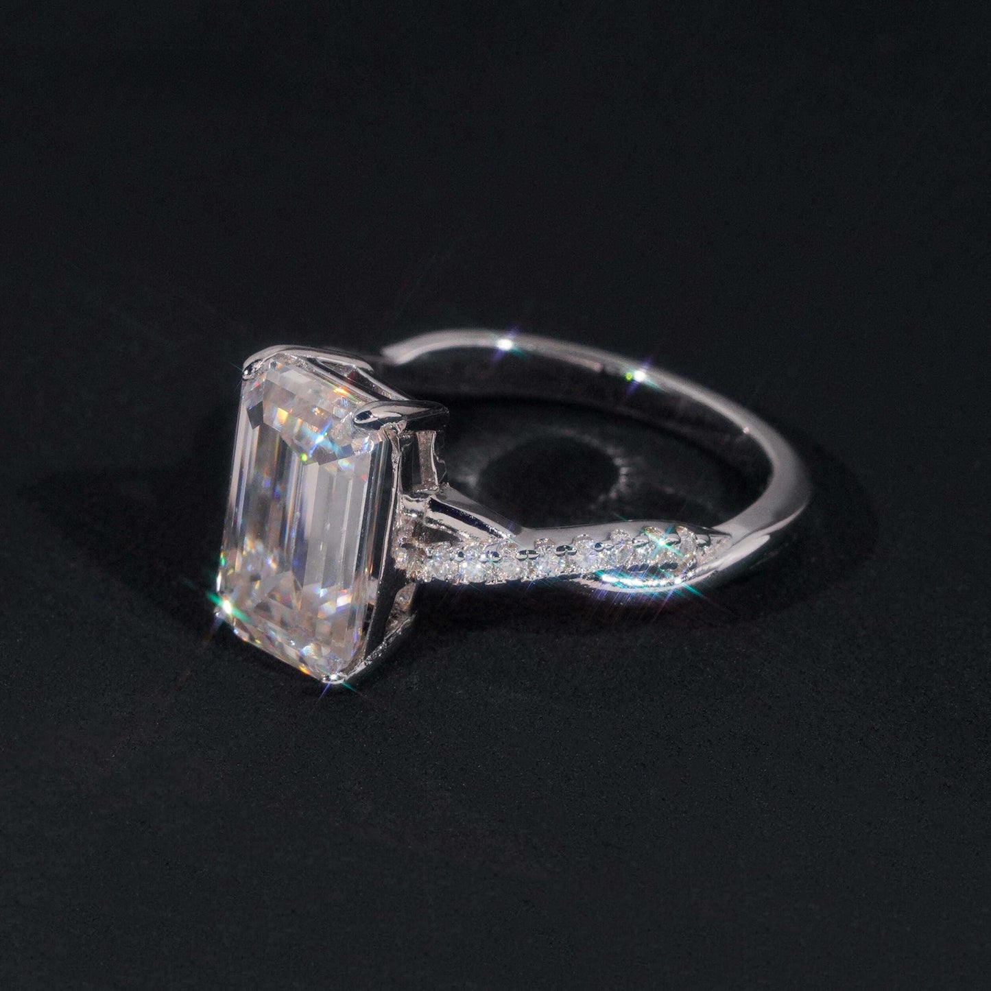 .925 SILVER EMERALD CUT MOISSANITE ENGAGEMENT RING WITH PAVE BAND VTRG1017