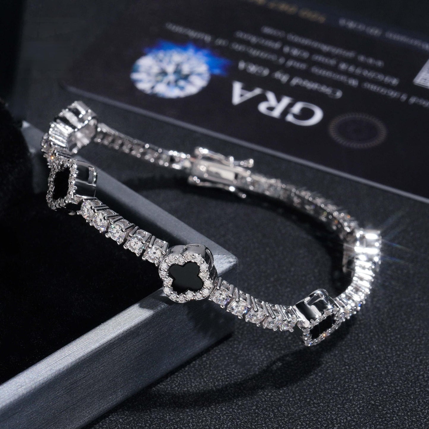 .925 SILVER TENNIS FOUR-LEAF CLOVER MOISSANITE BRACELET 3MM VTBL5002