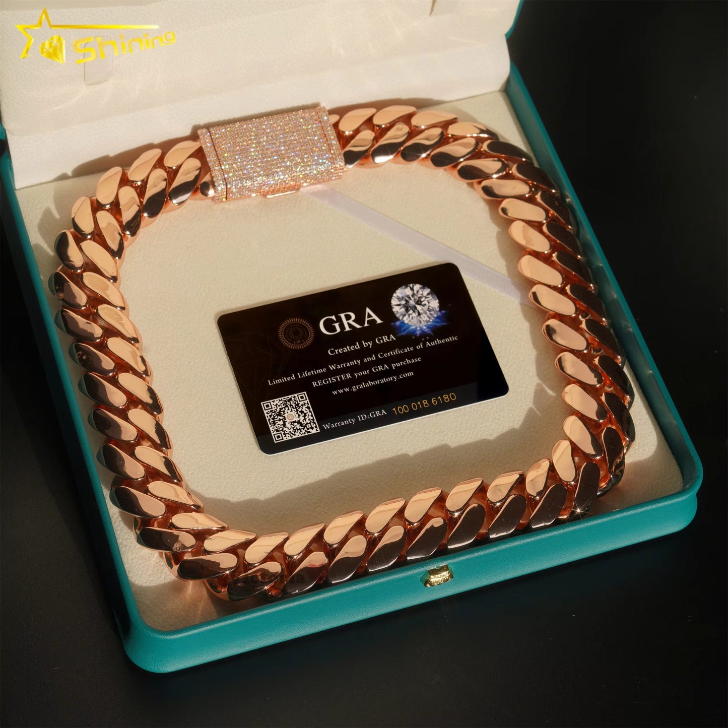 .999 PURE SILVER MIAMI CUBAN LINK CHAIN ROSE GOLD MOISSANITE CLASP 22MM VTNL0005